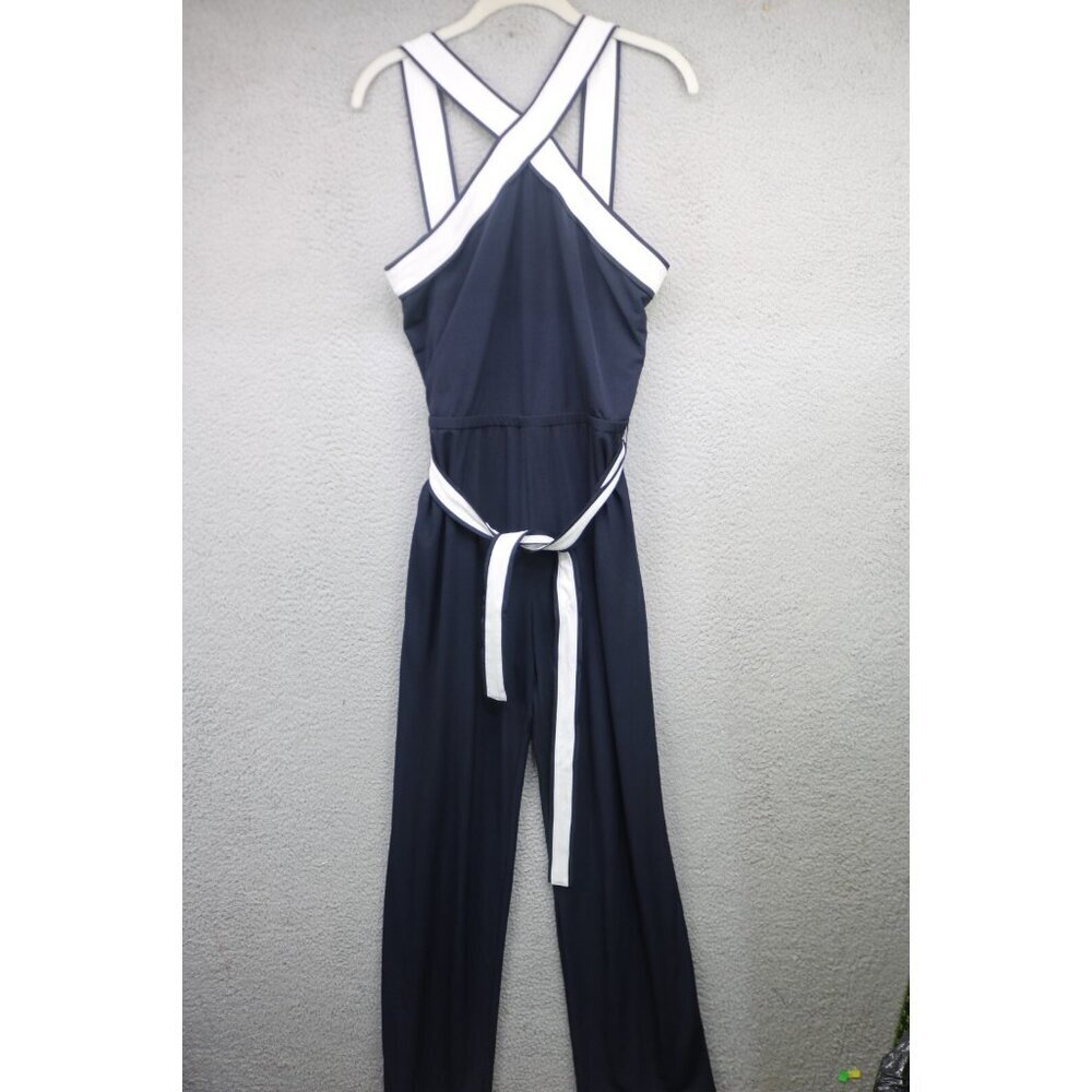 Ann Taylor Navy/White Jumpsuit-Size 6-Strappy-Nautical-Stretchy-Back Zip - Picture 1 of 11